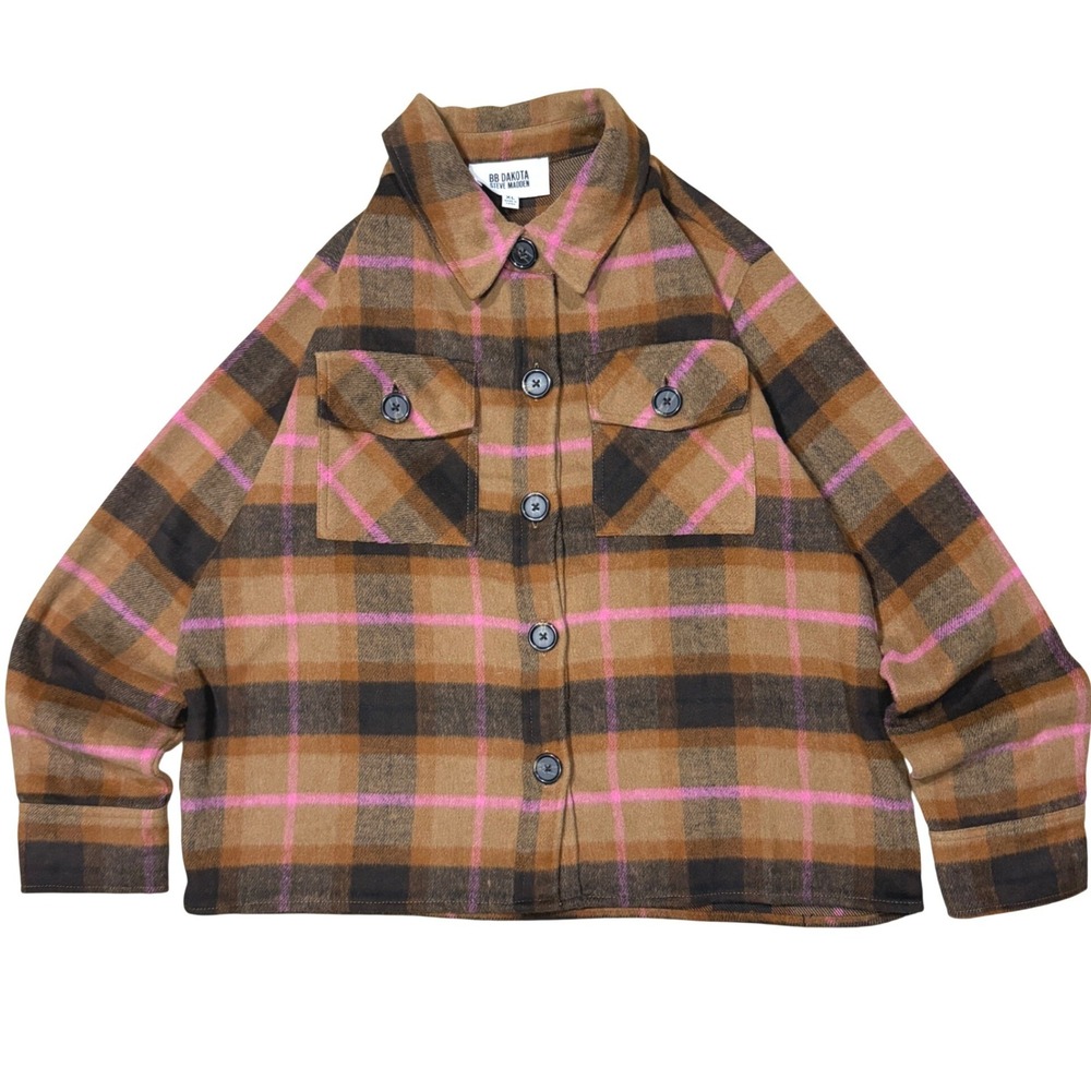 Plaid Flannel Shacket BB Dakota Women XL Brown Pink Barn Chore Jacket Gorp Cozy